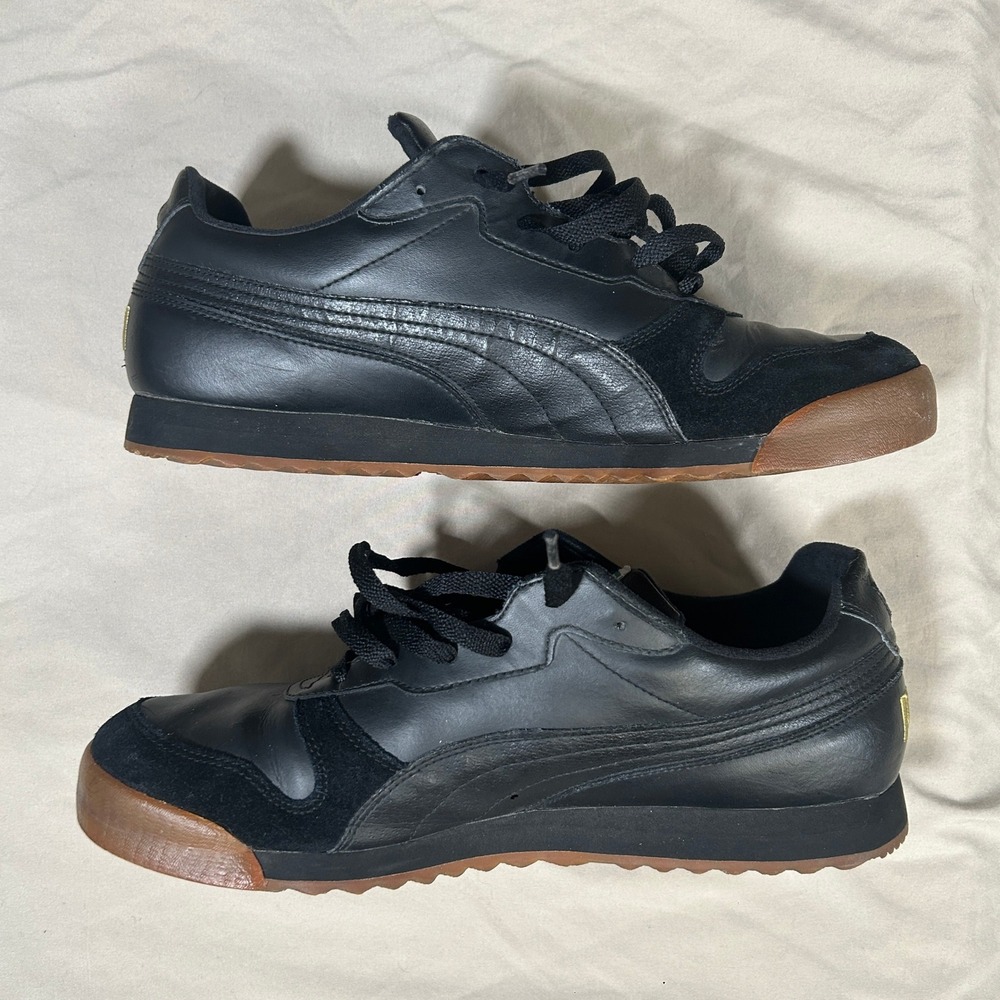 Puma Roma Basic Mens Black Leather Suede Low Top Sneakers Gum Sole Shoes